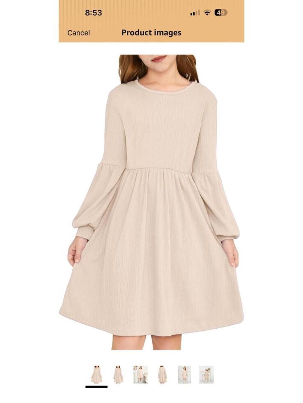 Beige Girls Long Sleeve Midi Dress with Balloon Sleeves